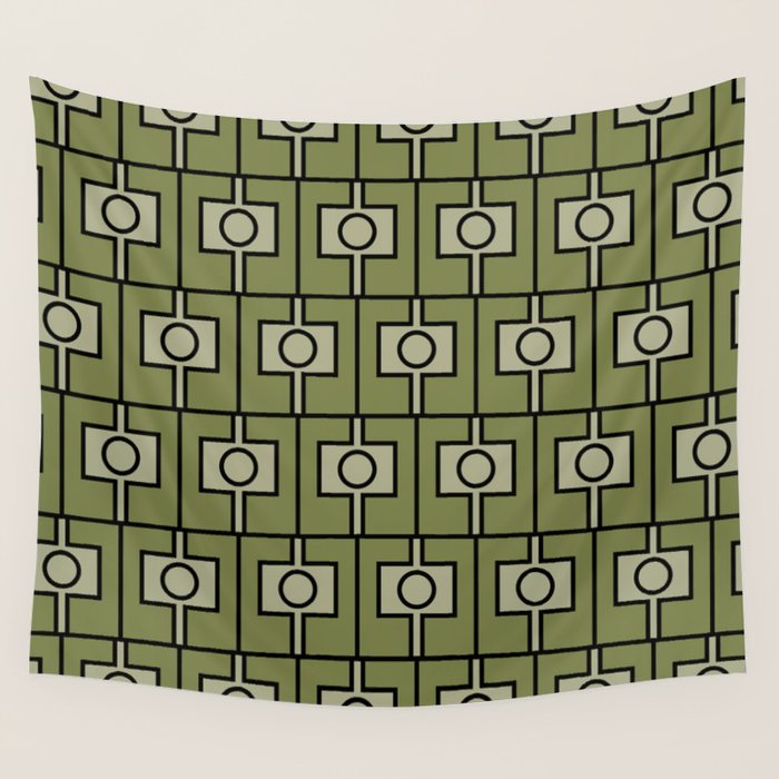 Mid Century Modern Rektangel Geometric Pattern in Vintage Green and Celadon Wall Tapestry Gallery Image 1