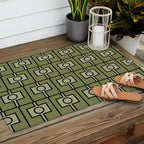 Mid Century Modern Rektangel Geometric Pattern in Vintage Green and Celadon Outdoor Rug Gallery Image 2