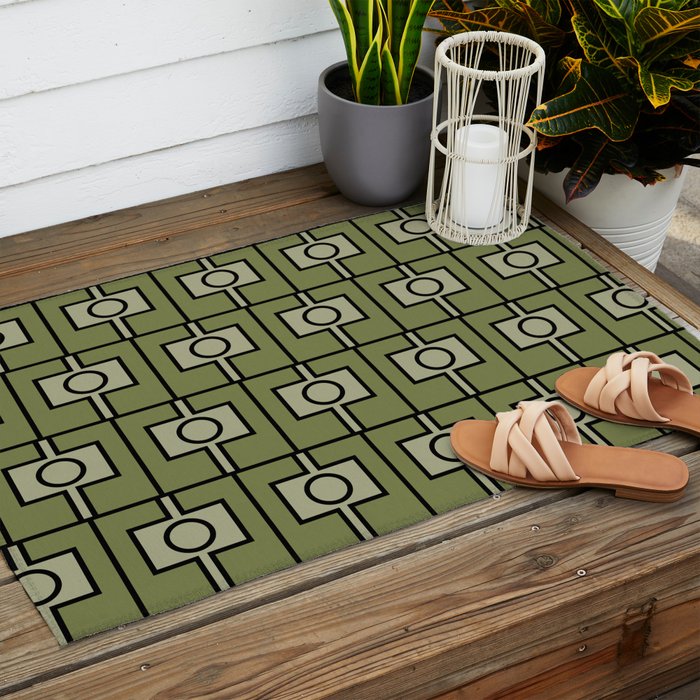 Mid Century Modern Rektangel Geometric Pattern in Vintage Green and Celadon Outdoor Rug Gallery Image 2