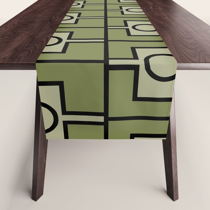 Mid Century Modern Rektangel Geometric Pattern in Vintage Green and Celadon Table Runner