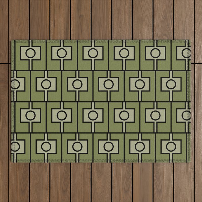 Mid Century Modern Rektangel Geometric Pattern in Vintage Green and Celadon Outdoor Rug Gallery Image 1