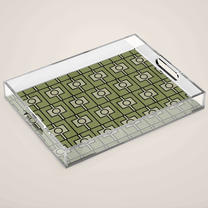 Mid Century Modern Rektangel Geometric Pattern in Vintage Green and Celadon Acrylic Tray Gallery Image 1