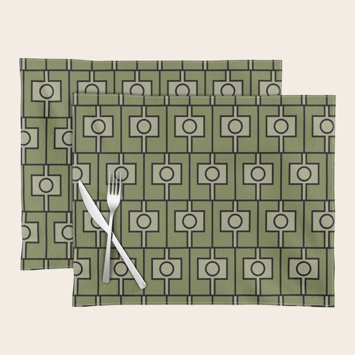 Mid Century Modern Rektangel Geometric Pattern in Vintage Green and Celadon Placemat Gallery Image 1