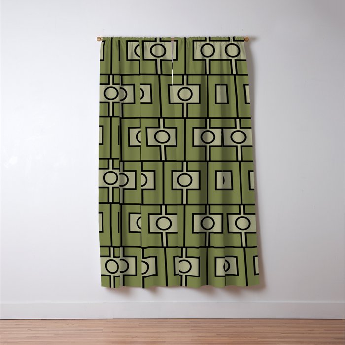 Mid Century Modern Rektangel Geometric Pattern in Vintage Green and Celadon Window Curtain Gallery Image 3