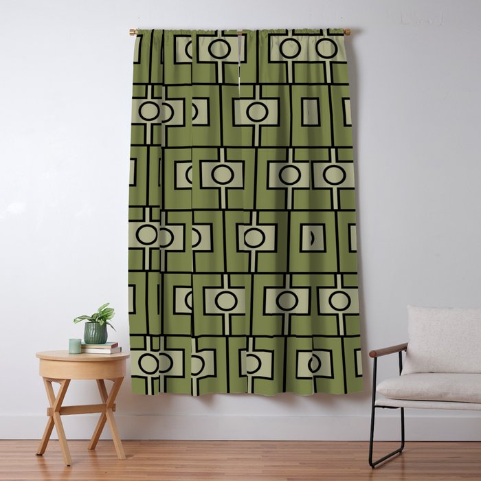 Mid Century Modern Rektangel Geometric Pattern in Vintage Green and Celadon Window Curtain Gallery Image 1