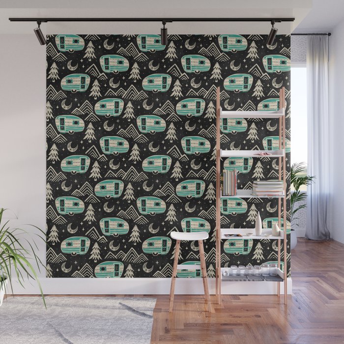 Little Camper - black, cream, and teal Wall Mural Gallery Image 1