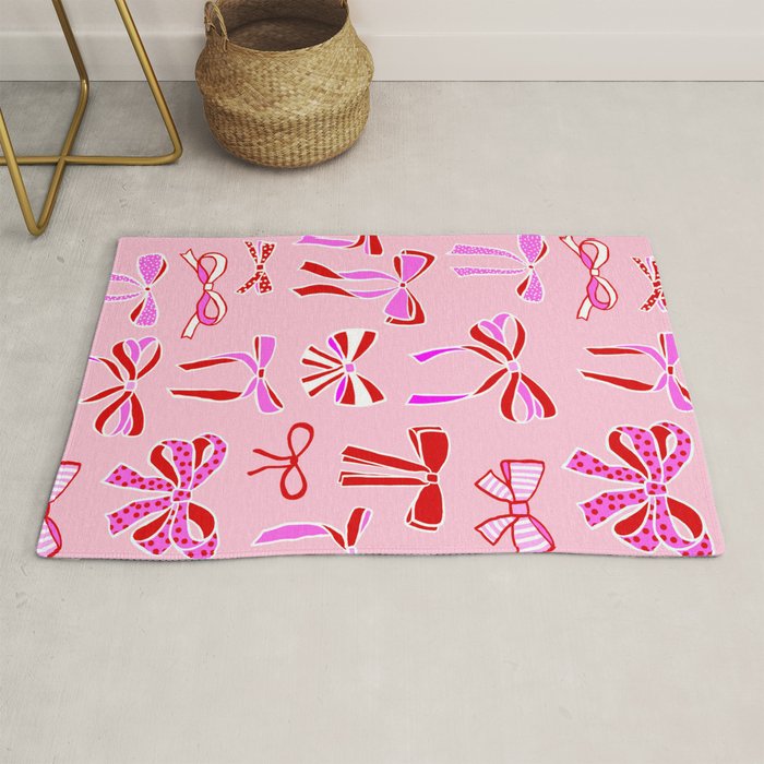 Festive Pink and Red Christmas Ribbons and Bows hand drawn Collection on Pastel Pink Rug Gallery Image 1