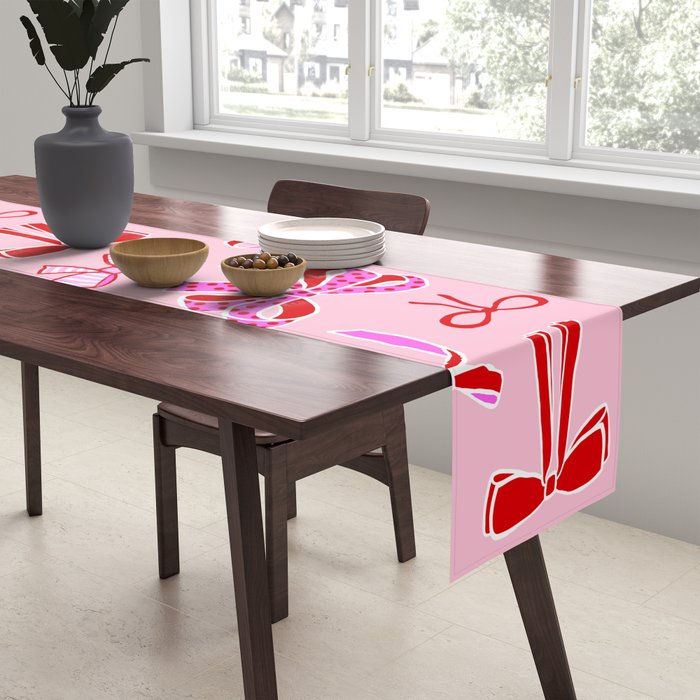 Festive Pink and Red Christmas Ribbons and Bows hand drawn Collection on Pastel Pink Table Runner Gallery Image 2