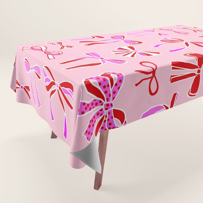 Festive Pink and Red Christmas Ribbons and Bows hand drawn Collection on Pastel Pink Tablecloth Gallery Image 1