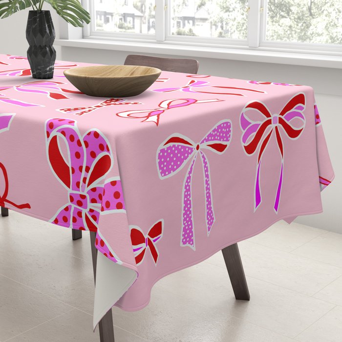 Festive Pink and Red Christmas Ribbons and Bows hand drawn Collection on Pastel Pink Tablecloth Gallery Image 3