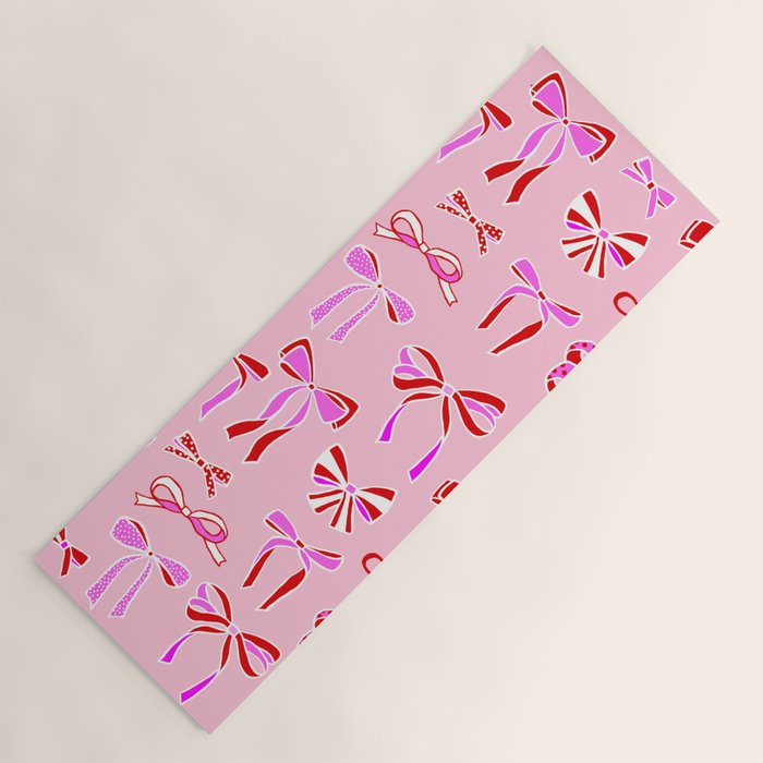 Festive Pink and Red Christmas Ribbons and Bows hand drawn Collection on Pastel Pink Yoga Mat Gallery Image 1