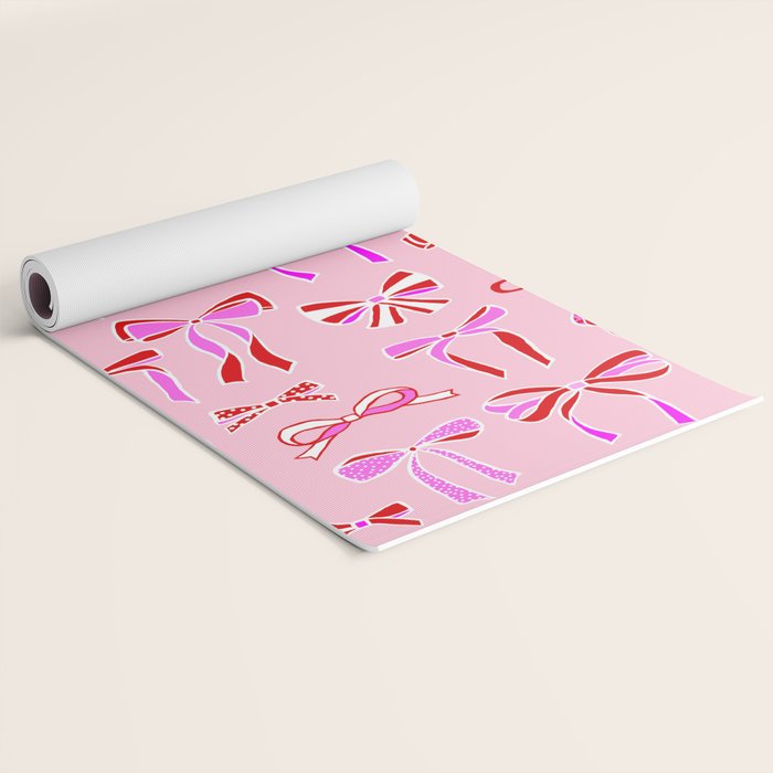 Festive Pink and Red Christmas Ribbons and Bows hand drawn Collection on Pastel Pink Yoga Mat Gallery Image 2