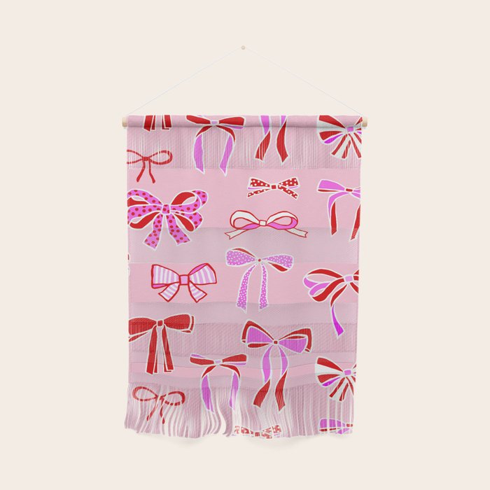 Festive Pink and Red Christmas Ribbons and Bows hand drawn Collection on Pastel Pink Wall Hanging Gallery Image 1