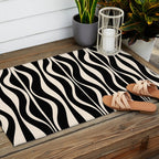 Hourglass Abstract Retro Midcentury Modern Pattern in Black and Almond Cream Outdoor Rug Gallery Image 2