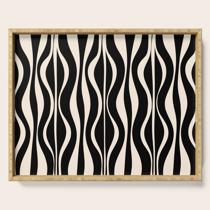 Hourglass Abstract Retro Midcentury Modern Pattern in Black and Almond Cream Serving Tray Gallery Image 1