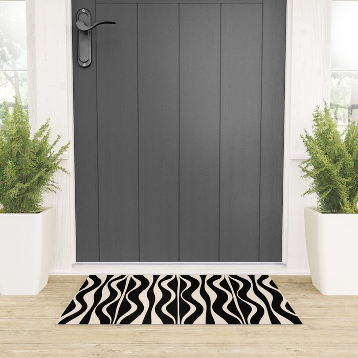 Hourglass Abstract Retro Midcentury Modern Pattern in Black and Almond Cream Welcome Mat Gallery Image 3