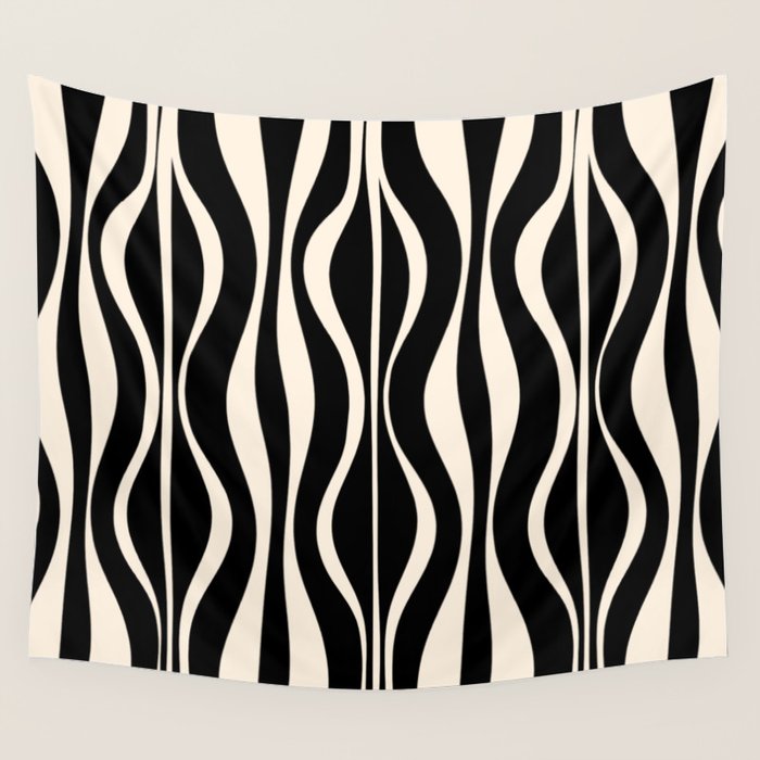 Hourglass Abstract Retro Midcentury Modern Pattern in Black and Almond Cream Wall Tapestry Gallery Image 1
