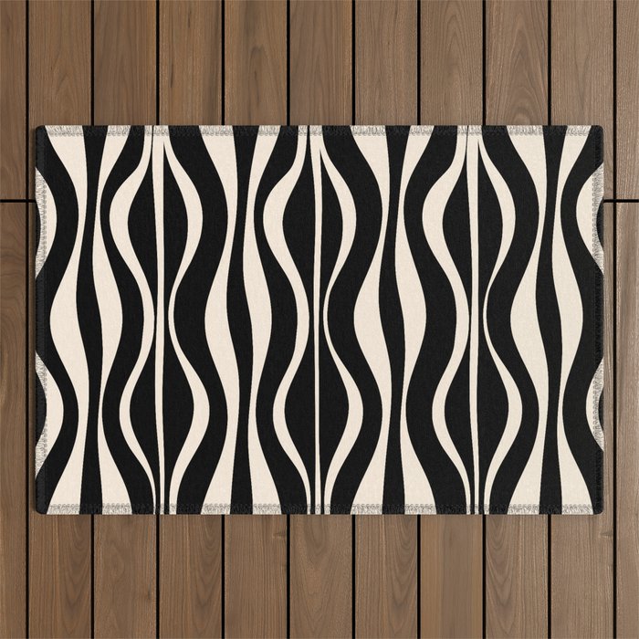 Hourglass Abstract Retro Midcentury Modern Pattern in Black and Almond Cream Outdoor Rug Gallery Image 1