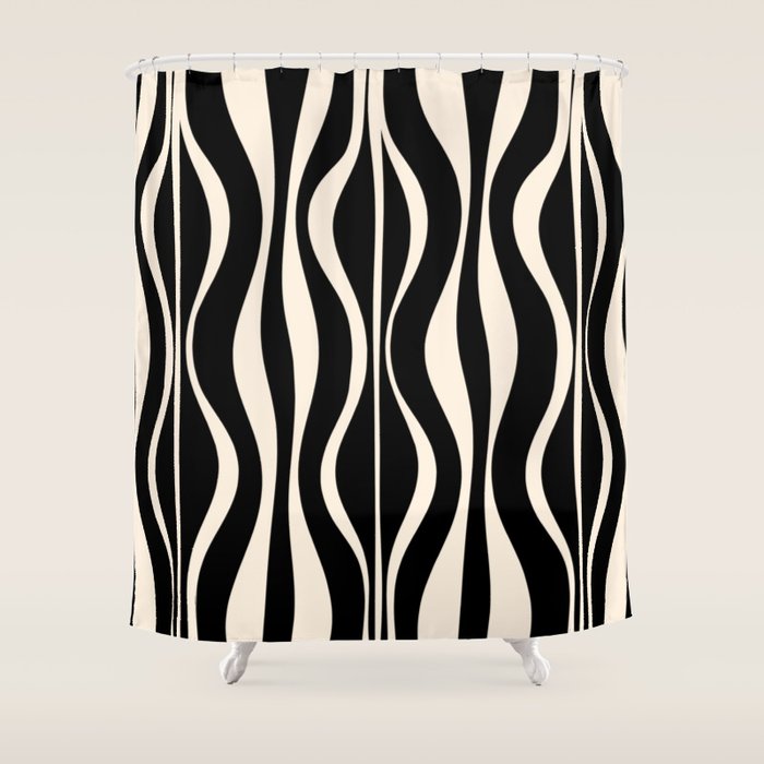 Hourglass Abstract Retro Midcentury Modern Pattern in Black and Almond Cream Shower Curtain Gallery Image 1