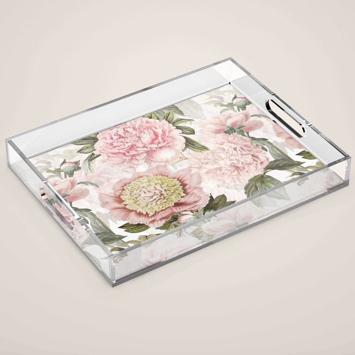 Vintage & Shabby Chic - Antique Pink Peony Flowers Garden Acrylic Tray Gallery Image 1