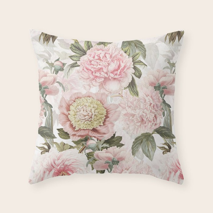 Vintage & Shabby Chic - Antique Pink Peony Flowers Garden Throw Pillow Gallery Image 1