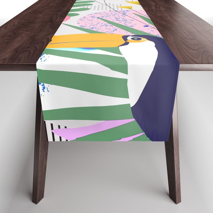 Tropical Spring | Pastel Quirky Modern Bohemian Jungle Botanical | Flamingo Palm Cockatoo Birds Table Runner Gallery Image 1