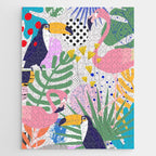 Tropical Spring | Pastel Quirky Modern Bohemian Jungle Botanical | Flamingo Palm Cockatoo Birds Jigsaw Puzzle Gallery Image 1