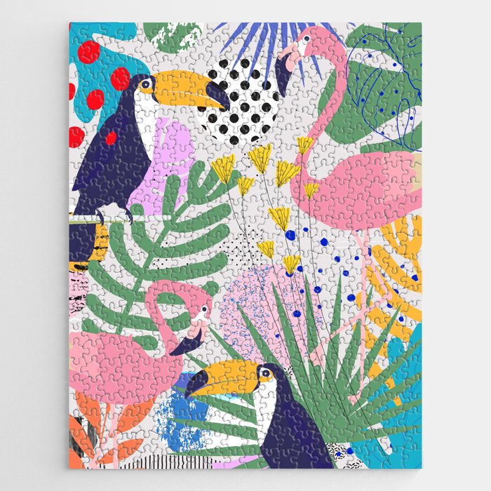 Tropical Spring | Pastel Quirky Modern Bohemian Jungle Botanical | Flamingo Palm Cockatoo Birds Jigsaw Puzzle Gallery Image 1