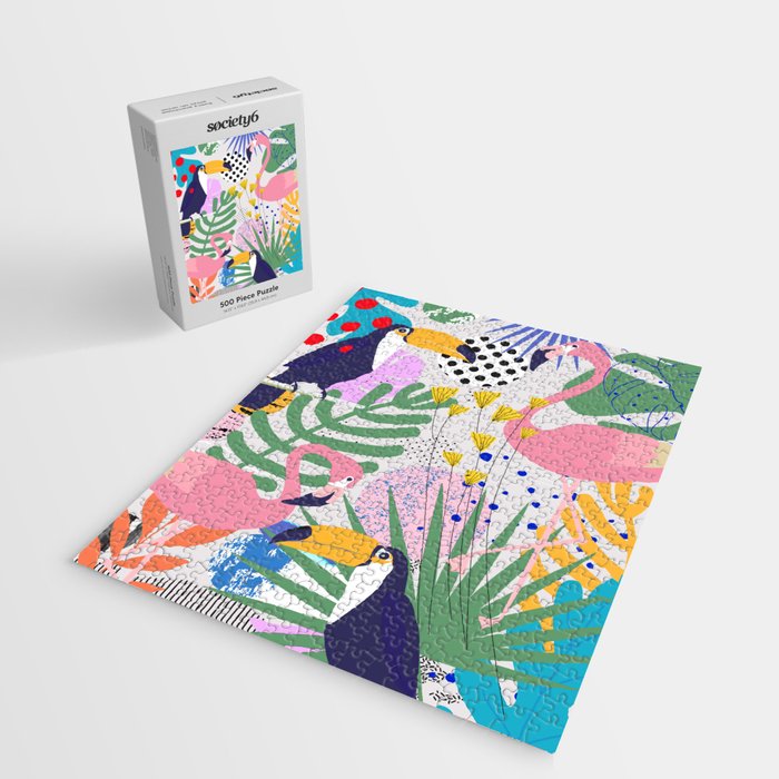 Tropical Spring | Pastel Quirky Modern Bohemian Jungle Botanical | Flamingo Palm Cockatoo Birds Jigsaw Puzzle Gallery Image 2