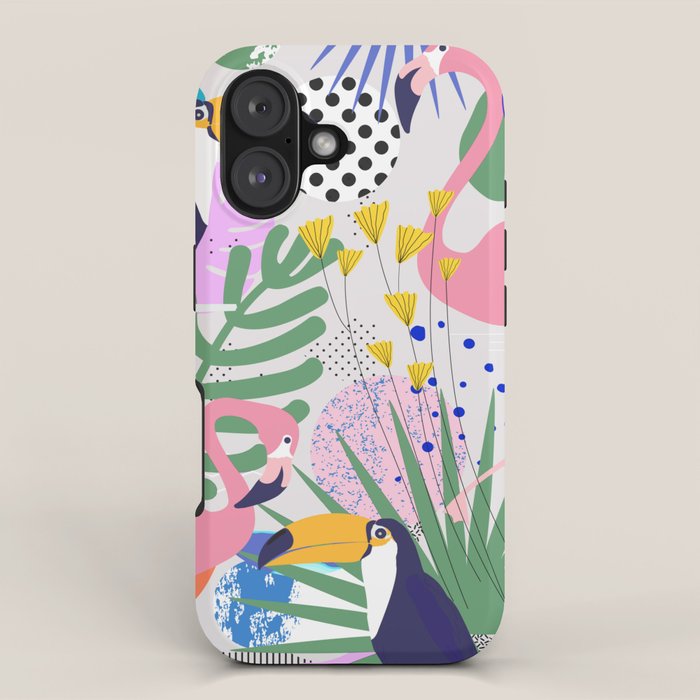 Tropical Spring | Pastel Quirky Modern Bohemian Jungle Botanical | Flamingo Palm Cockatoo Birds iPhone Case Gallery Image 1