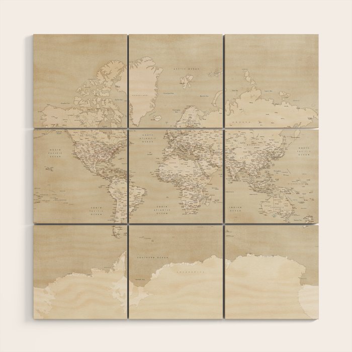 Sepia vintage world map with cities Wood Wall Art Gallery Image 1