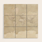 Sepia vintage world map with cities Wood Wall Art Gallery Image 1