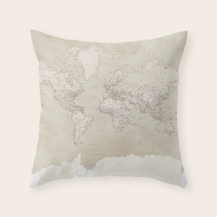 Sepia vintage world map with cities Throw Pillow Gallery Image 6