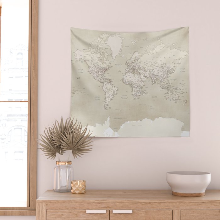 Sepia vintage world map with cities Wall Tapestry Gallery Image 2