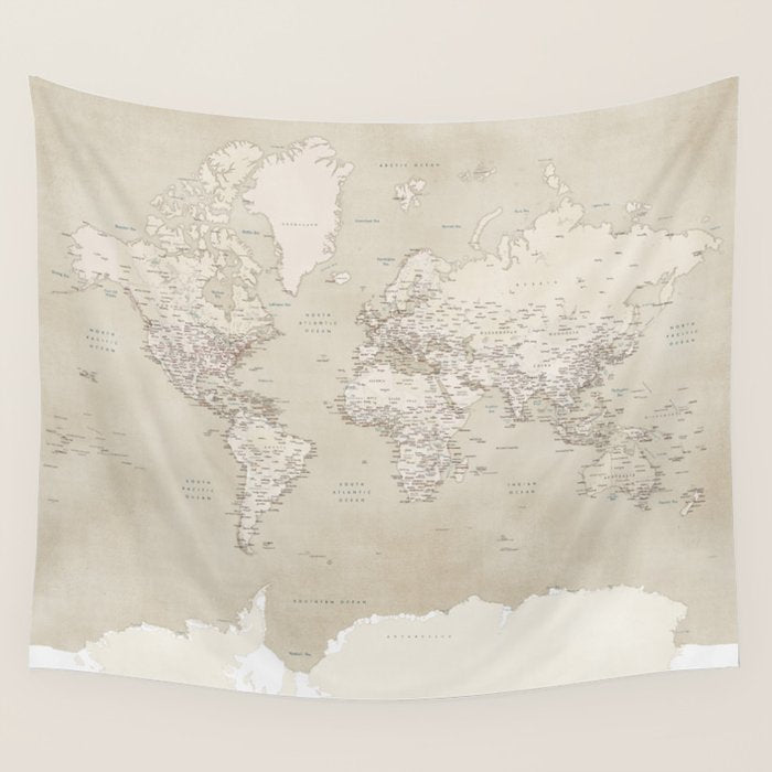 Sepia vintage world map with cities Wall Tapestry Gallery Image 4