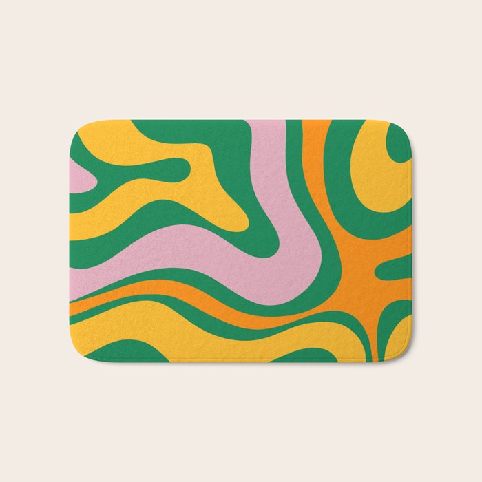 Vibrant Modern Retro Liquid Swirl Abstract Pattern Green Yellow Orange Pink Bath Mat Gallery Image 1