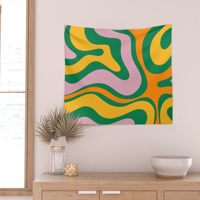 Vibrant Modern Retro Liquid Swirl Abstract Pattern Green Yellow Orange Pink Wall Tapestry Gallery Image 2