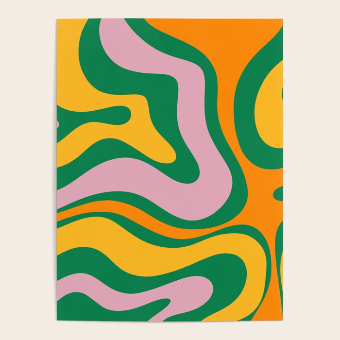 Vibrant Modern Retro Liquid Swirl Abstract Pattern Green Yellow Orange Pink Poster Gallery Image 4