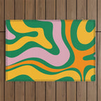 Vibrant Modern Retro Liquid Swirl Abstract Pattern Green Yellow Orange Pink Outdoor Rug Gallery Image 1