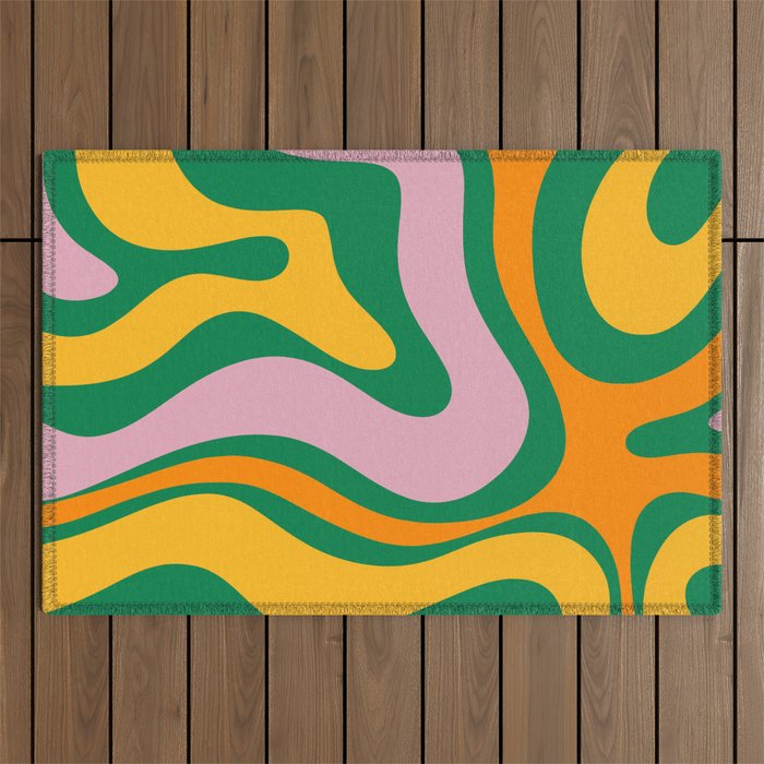 Vibrant Modern Retro Liquid Swirl Abstract Pattern Green Yellow Orange Pink Outdoor Rug Gallery Image 1
