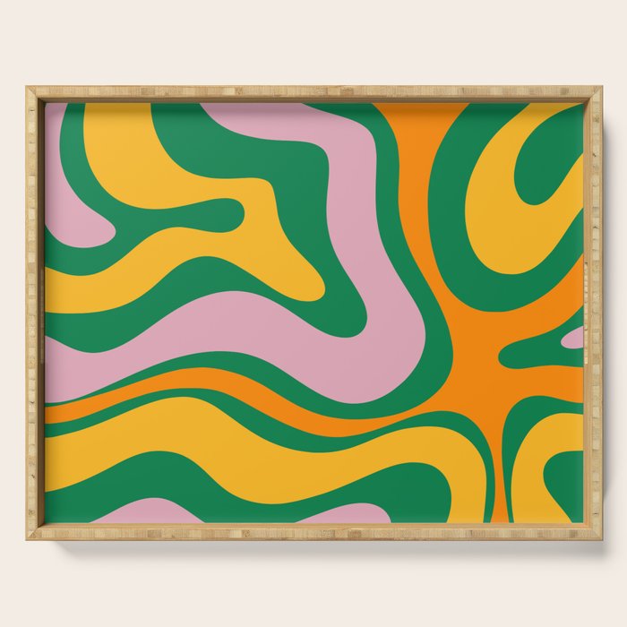 Vibrant Modern Retro Liquid Swirl Abstract Pattern Green Yellow Orange Pink Serving Tray Gallery Image 1