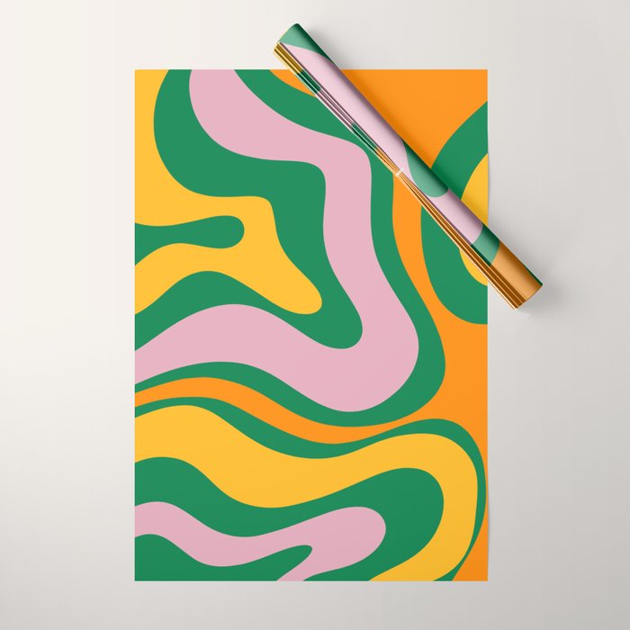 Vibrant Modern Retro Liquid Swirl Abstract Pattern Green Yellow Orange Pink Wrapping Paper Gallery Image 1