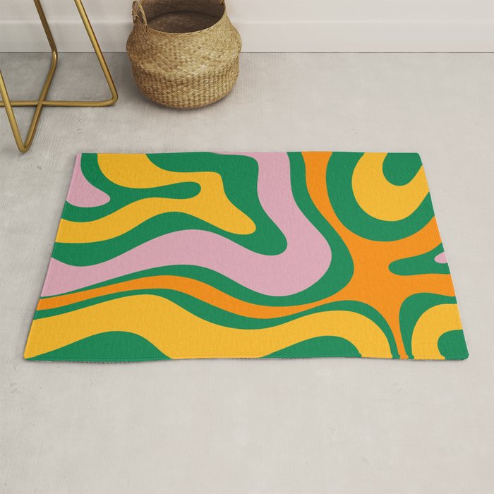 Vibrant Modern Retro Liquid Swirl Abstract Pattern Green Yellow Orange Pink Rug Gallery Image 1