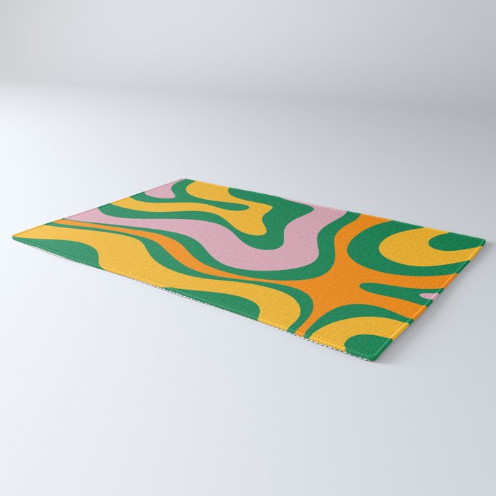Vibrant Modern Retro Liquid Swirl Abstract Pattern Green Yellow Orange Pink Rug Gallery Image 3
