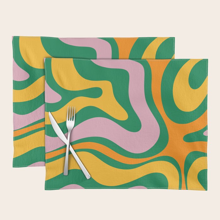 Vibrant Modern Retro Liquid Swirl Abstract Pattern Green Yellow Orange Pink Placemat Gallery Image 1