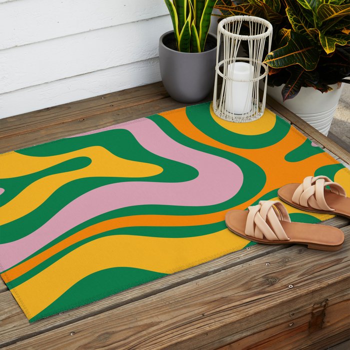 Vibrant Modern Retro Liquid Swirl Abstract Pattern Green Yellow Orange Pink Outdoor Rug Gallery Image 2