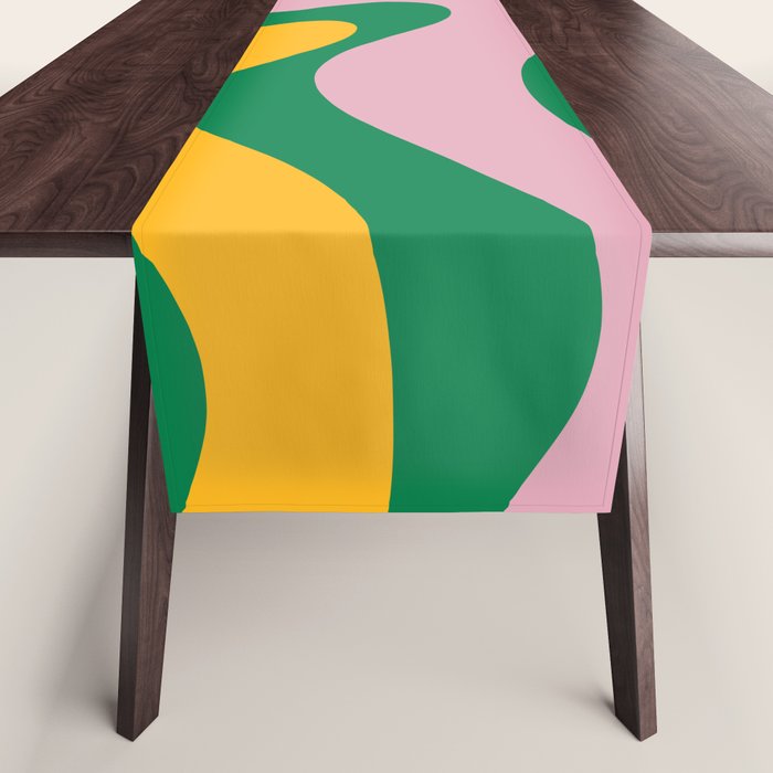 Vibrant Modern Retro Liquid Swirl Abstract Pattern Green Yellow Orange Pink Table Runner Gallery Image 1