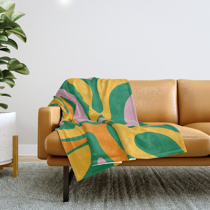 Vibrant Modern Retro Liquid Swirl Abstract Pattern Green Yellow Orange Pink Throw Blanket Gallery Image 1