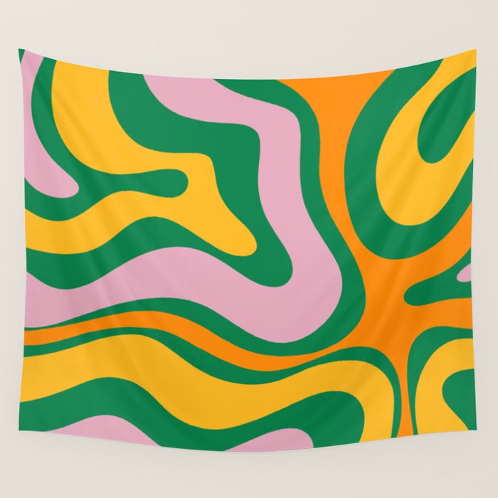 Vibrant Modern Retro Liquid Swirl Abstract Pattern Green Yellow Orange Pink Wall Tapestry Gallery Image 4