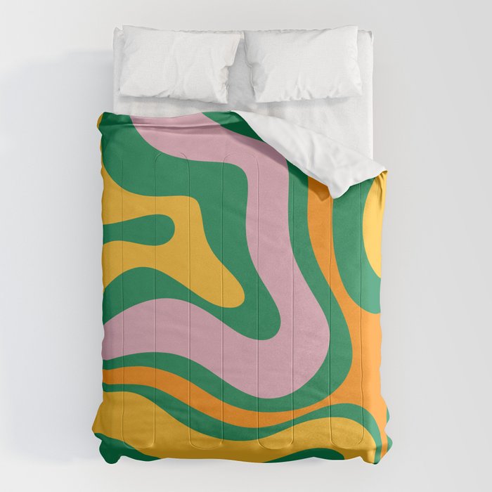 Vibrant Modern Retro Liquid Swirl Abstract Pattern Green Yellow Orange Pink Comforter Gallery Image 6